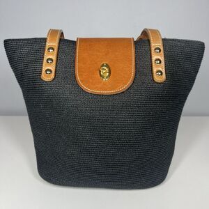 Eric Javits New York Small Navy Squishee Straw Handbag w/tan Leather Trim EUC